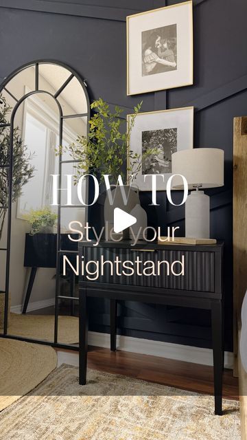 Sarah Ames | Attainable Home Design on Instagram: "How to style your Nightstand- featuring @nathanjames Jasper nightstand in black oak. 🍃 Watch for the nightstand styling guide at end. Comment Jasper for link.   Three things I love about this nightstand: 1. The design details. The fluted front drawer paired with its brass handle are beautifully designed. 2. Its size. This nightstand is perfectly sized to fit a king or queen bed. 3. The Quality. I love how solid and sturdy it is.   #NathanJamesPartner #homedesignideas #homedesigning #InteriorDesignTips #InteriorDesignTip #DesignTips #DesignTip #HomeTips #StylingTips #DecoratingTips #interioredesign #nightstands #nightstanddecor #nightstand #bedroomdesign #bedroomdesigns #bedroomdetails" Pictures Over Nightstands, How To Decorate Nightstand, How To Style A Nightstand, Nightstand Styling, Nightstand Decor, Styling Guide, King Or Queen, Home Board, Interior D