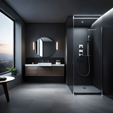 Black And White Bathroom Aesthetic, Black Aesthetic House Interior, Luxury Bathroom Design Black, Black Home Aesthetic, All Black Bathroom, Black Bathrooms, White Modern Bathroom, Black Modern Bathroom, Black Bathroom Ideas