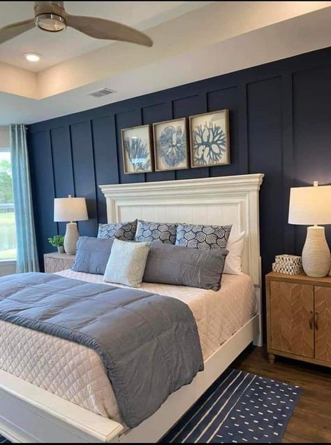 Master Bedrooms Navy Blue Accent Wall, Bedrooms With Navy Accent Wall, Small Navy Bedroom, Bedroom With Navy Accent Wall, Navy Feature Wall Bedroom, Bedroom Blue Accent Wall, Navy Accent Wall Bedroom, Dark Blue Accent Wall Bedroom, Navy Blue Accent Wall Bedroom