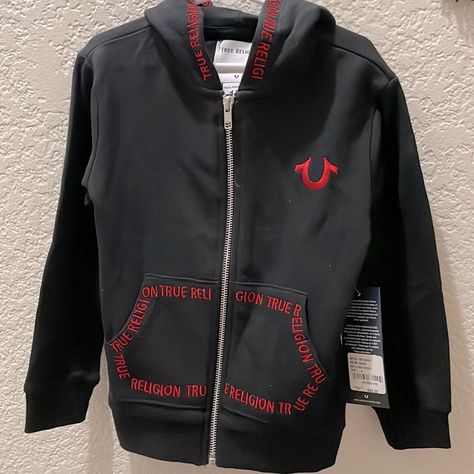 True Religion Kids, Zip Up Hoodie. Black W Red Details. Nwt. Size 4 Boys True Religion Jacket, True Religion Hoodie, Toddler Boy Sweater, Red Details, Outfit Inspo Casual, Short Sleeve Hoodie, Boys Hoodies, Red Hoodie, Hoodie Girl