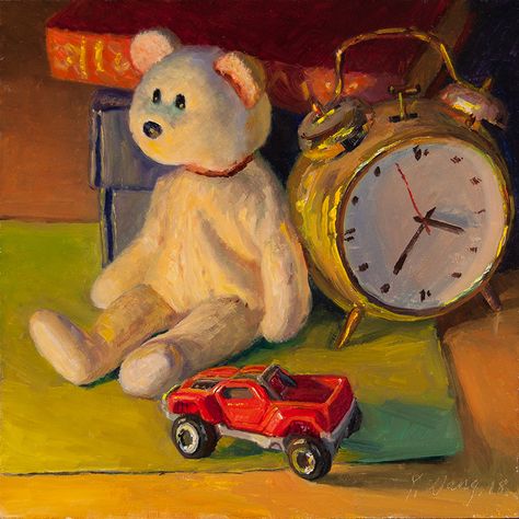 Youqing (Eugene) Wang | OIL | Still Life with Teddy Bear Toy Paintings Art, Teddy Bear Oil Painting, Teddy Bear Still Life, Toys Still Life, Cute Still Life, Still Life Ideas, Teddy Bear Painting, Toys Painting, Teddy Bear Wall Art