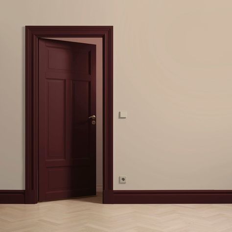 Burgundy Trim Interior, Maroon Hallway, Dark Red Door, Dark Red Hallway, Burgundy Hallway, Burgundy Door, Red Doors Interior, Red Hallway, Maroon Walls