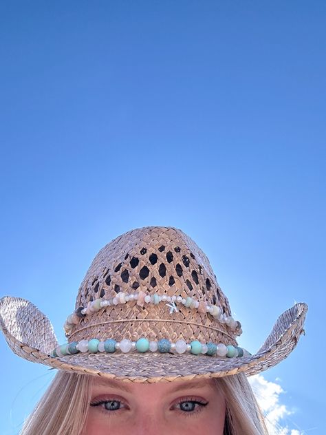 Hat is hobby lobby Beads are from michaels Woven Cowgirl Hat, Cowgirl Hat With Beads, Cowboy Hat Beads Diy, Cowgirl Hats With Beads, Costal Cowboy Hats, Boho Beach Hat, Cowboy Hat Beads, Summer Cowgirl Hat, Diy Cowgirl Hat Ideas Western