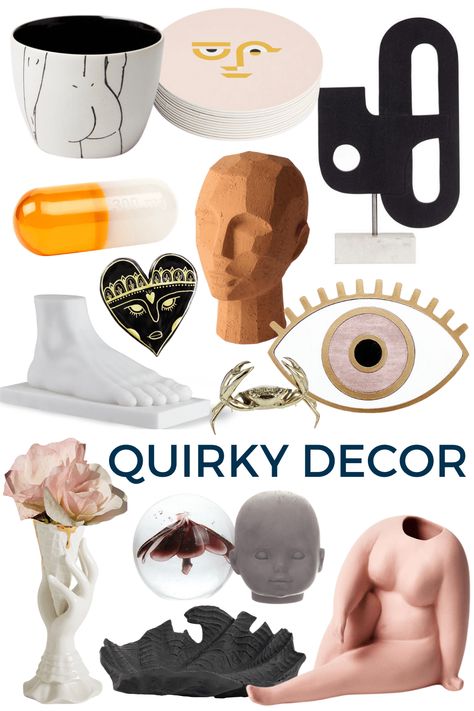 Quirky Glam Decor, Funky Decorative Objects, Unique Shelf Decor, Unusual Home Decor Ideas, Cool Home Decor Weird, Quirky Home Decor Ideas, Weird Kitchen Decor, Weird Accessories Unique, Quirky Home Decor Bedroom