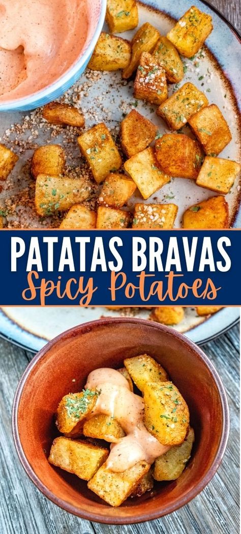 PATATAS BRAVAS Patatas Bravas Sauce Recipe, Potato’s Bravas, Spanish Potatoes Bravas, Potatoes Bravas Recipes, Air Fryer Patatas Bravas, Potatos Bravos, Patas Bravas Recipe, Patatas Bravas Recipe Spanish Tapas, Potato Bravas Recipes