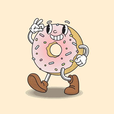 Retro Cartoon Style, Donut Drawing, Donut Cartoon, Donut Logo, Donut Art, Candy Logo, Donut Vector, Food Cartoon, Graffiti Style Art