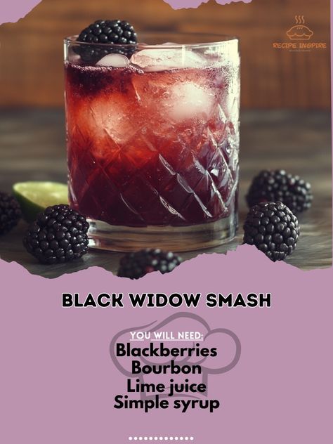 🕷️🍹 Spin a web of flavor with the Black Widow Smash – a wickedly good cocktail that's perfect for your Halloween celebration! 🎃✨ #BlackWidowSmash #HalloweenCocktails Black Widow Smash Ingredients: Blackberries (1/2 cup) Bourbon (1.5 oz) Lime juice (1 oz) Simple syrup (0.5 oz) Club soda (to top) Ice (as needed) Instructions: Muddle blackberries with lime juice and simple syrup. Add bourbon and ice, then top with club soda. Unleash the Black Widow Smash – a dangerously delicious cocktail th... Crown Drinks, Black Widow Cocktail, Crown Drink, Bride Quotes, The Black Widow, Cocktail Drinks Alcoholic, Halloween Cocktails, Whiskey Drinks, Club Soda