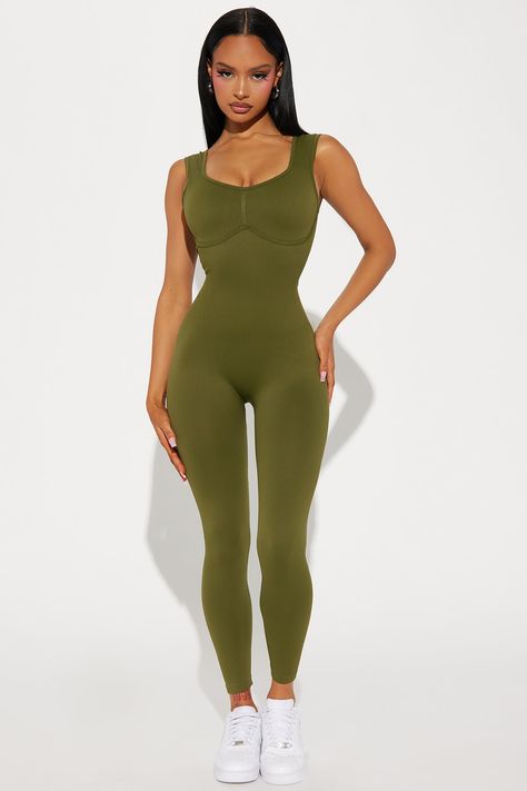 Available In Charcoal And Olive. Active Jumpsuit Scoop Neck Sleeveless Seamless Ribbed Strappy Back Detail Medium Impact Stretch 90% Nylon 10% Spandex Imported | Core Strength Seamless Ribbed Active Jumpsuit in Olive Green size XL by Fashion Nova Olive Fashion, Fashion Nova Outfits, Service Women, Core Strength, Active Wear Outfits, Matching Dresses, Tulum, Jumpsuits For Women, Set Dress