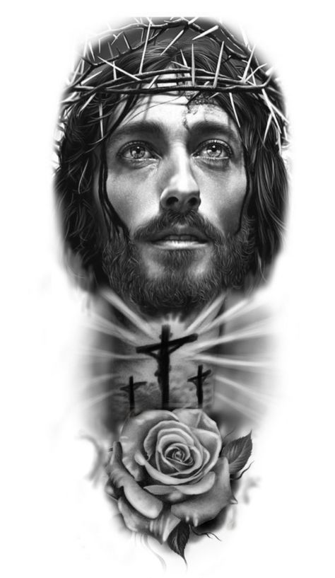 Jesus Tattoo Sleeve, Christus Tattoo, Jesus Christ Tattoo, Jesus Tattoo Design, Half Sleeve Tattoo Stencils, Unique Half Sleeve Tattoos, Chicano Tattoos Sleeve, Christ Tattoo, Realistic Tattoo Sleeve