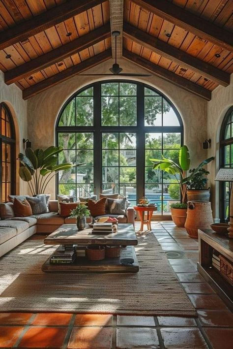 Terracotta Tiles Living Room, Terracotta Vibes, Hacienda Living Room, Arizona Vibes, Parisian Apartment Style, Spanish Style Living Room, Mediterranean Style Living Room, Sunny Living Room, Spanish Living Room