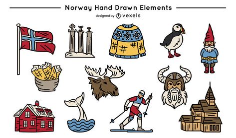 Hand Drawn Norway Colored Elements Set #AD , #Norway, #Drawn, #Elements, #Set, #Hand Norway Tattoo Ideas, Norway Drawing, Norway Illustration, Norway Tattoo, Norway Culture, Norway Wallpaper, Norway Map, Norwegian Clothing, Wreck This Journal