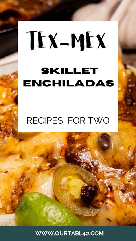 Tex-Mex enchiladas on a plate and in a cast iron skillet Enchiladas For Two, Pan Enchiladas, Skillet Enchiladas, Monday Dinner, Meatless Monday Dinner, Spicy Shrimp Tacos, Cheese Enchiladas, Enchiladas Recipe, Spicy Shrimp