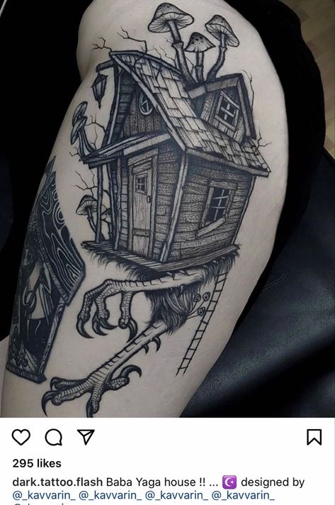 Witch House Tattoo, Tree House Tattoo, Treehouse Tattoo, Baba Yaga Tattoo, Cottage Tattoo, Tattoo Bible, Halloween Tattoos Sleeve, House Tattoo, Witches House