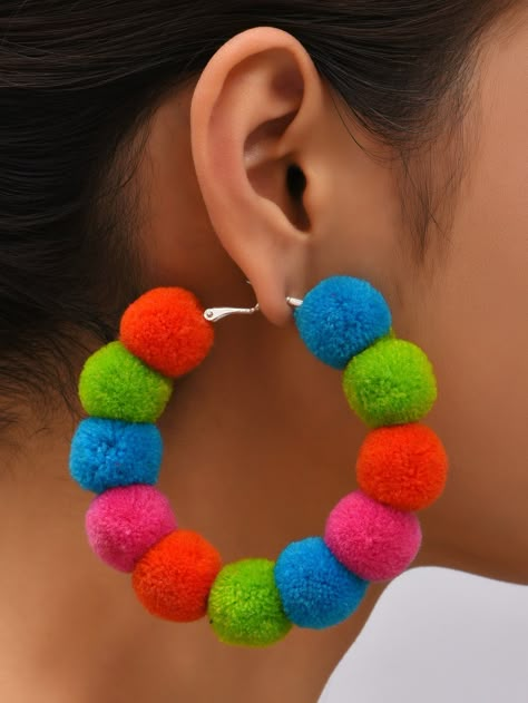 Multicolor Cute Collar  Fabric   Embellished   Fashion Jewelry Pom Pom Jewelry, Pom Pom Decor, Diy Earrings Easy, Earrings Shein, Diy Hair Accessories Ribbon, Pom Pom Earrings, Fabric Earrings, Design Books, Rainbow Jewelry