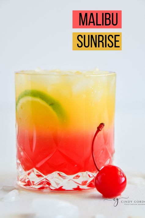 Sunny D Alcoholic Drinks, Sunrise Cocktail Drink Recipes, Malibu Sunrise Recipe, Malibu Sunrise Cocktail, Cocktails With Malibu, Malibu Sunset Cocktail, Malibu Cocktail, Sunshine Cocktail, Light Summer Cocktails