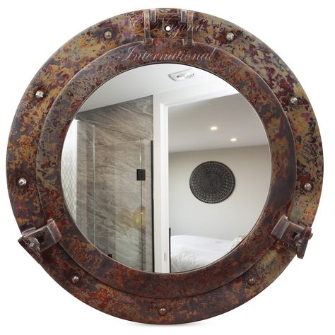 PRICES MAY VARY. Nil Imported Overall Diameter : 10" (Approx) | Viewing Area : 6.50 Inches (Approx) | View Type : Reflective Mirror SKU Code - B07HHZNSH5 | Material : 100% Solid Grade Aluminum | Rustic Copper Antique Finish With Sealed Surface Of Lacquer Coating | Harsh Weather Exposure Resistant. Made Out Of Aluminum | Artificial Shipwrecked Rustic Finish | Quality Cast With Premium Pre-Process & Assembly "Check-Out Our Store-Front For More Amazing Quality Products From Our Entire Range | Buy P Sailor Decor, Distressed Bathroom Vanity, Round Mirror Decor, Deco Marine, Porthole Mirror, Nautical Bathroom, Pirate Decor, Nautical Bathrooms, Bathroom Mirrors