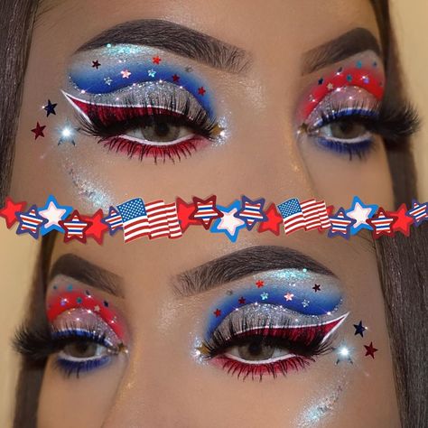 4th Of July Make Up Look, 4th Of July Glitter Makeup, Baseball Makeup Look, 4th Of July Eyeliner, Fourth Of July Eye Makeup, July 4th Makeup Looks, Usa Makeup 4th Of July, American Flag Makeup, Memorial Day Makeup Looks