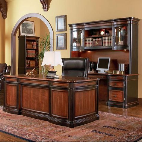 This Grand Style Pergola Home Office Set features double pedestal desk which is made of hard wood and veneers, for a sturdy construction and long life in your traditional home office. The desk features seven drawers, and upper drawers are felt lined to keep your items safe. The drawers are dovetailed with blocked corners for added durability, and locking file drawers for peace of mind. Ball bearing glides make for easy drawer use, while a power strip and drop front keyboard drawer makes ... Manly Home Office, Traditional Home Offices, Traditional Home Office, Executive Home Office, Home Office Computer Desk, Executive Office Desk, Office Bookcase, Small Home Office, Coaster Furniture