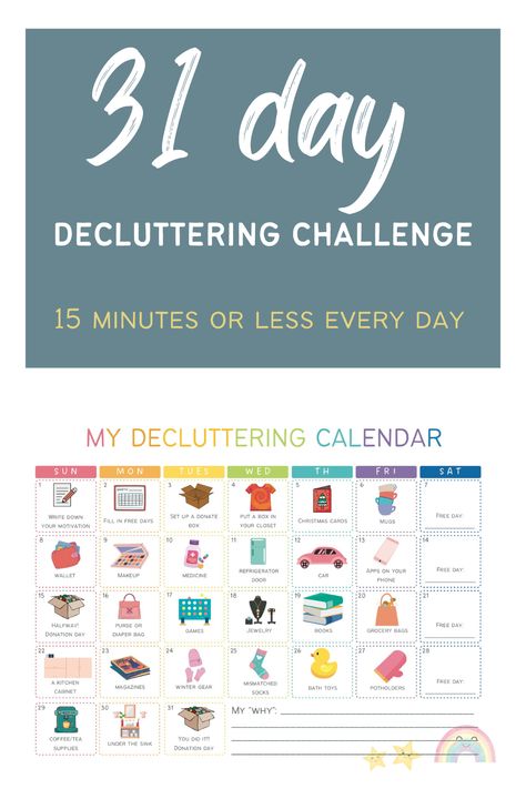 Decluttering challenge: 31 days, 15 minutes or less every day. Download the printable calendar to follow along for a decluttered home. January Declutter, Declutter Calendar, Decluttered Home, Challenge Calendar, Decluttering Challenge, Calendar Free Printable, Getting Organized At Home, Declutter Challenge, Schedule Organization