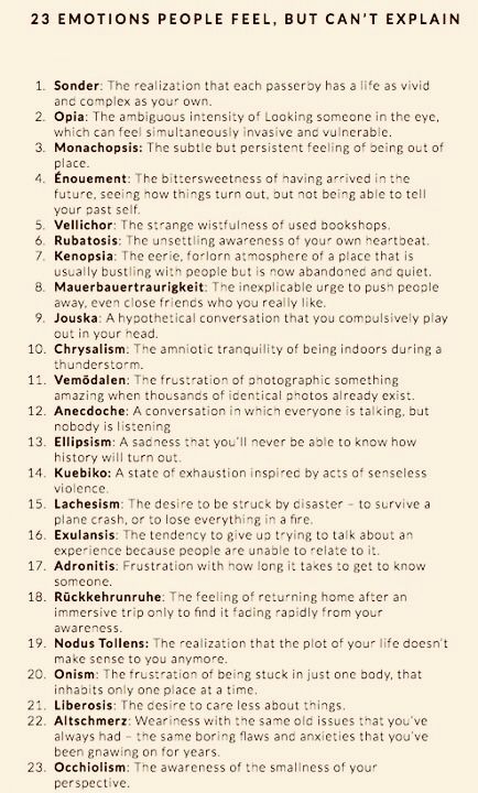 Words for emotions you feel but can't explain. Here you are, read and figure out what you're feeling! Write What You Feel, Rare Words For Emotions, Words For Emotions You Cant Explain, Words For Unexplainable Feelings, Other Words For Quiet, Descriptive Feeling Words, Words To Describe How You Feel, Feelings Name, Words To Describe Obscure Emotions