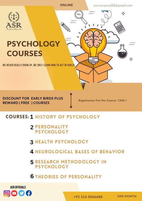 INTRODUCTION OF ASR Company. https://youtu.be/5wbVFTW0eOM 🟧PSYCHOLOGY ONLINE COURSE 🟧 📣NEW BATCH ANNOUNCEMENT 📣 ⚪After successful completion of first 9 Batches, ASR has promulgated the 10th batch. 🟨 In this batch, ASR has introduced profuse paid and cost-free PSYCHOLOGY COURSES. ⚪COURSES ⚪ ♦️History of Psychology ♦️ Personality Psychology ♦️ Health psychology ♦️ Neurological Bases of Behaviour ♦️ Research methodology in psychology ♦️ Theories of personality Free Psychology Courses, Online Psychology Courses, Intro To Psychology, Theories Of Personality, History Of Psychology, Research Methodology, Psychology Courses, Personality Psychology, Health Psychology