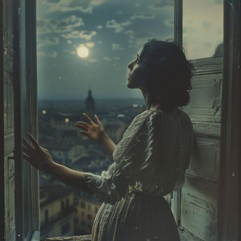 Woman In Moonlight, Moonlight Through Window, Light Reference, Cool Night, Under The Moon, Image Downloads, Open Window, Woman Standing, Moon Child