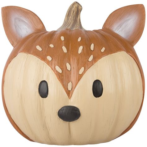 Decorate for the season with stylish pumpkin decor! Our whimsical deer pumpkin is styled in brown and tan with black facial features and markings to resemble a deer's coat. Perfect for tabletop fall decor, this deer pumpkin looks great on its own or displayed with other indoor autumn decor pieces. Available three whimsical styles. Holiday Living 9-in Harvest Deer Pumpkin Decor | 552964 Easy Paint Pumpkins For Kids, Bunny Pumpkin Decorating, Paint Pumpkin Designs, Decorated White Pumpkins, Fun Painted Pumpkin Ideas, Pumpkin Painting Western, Cheetah Pumpkin Painting, Candy Corn Pumpkin Painting, Simple Painted Pumpkins Ideas