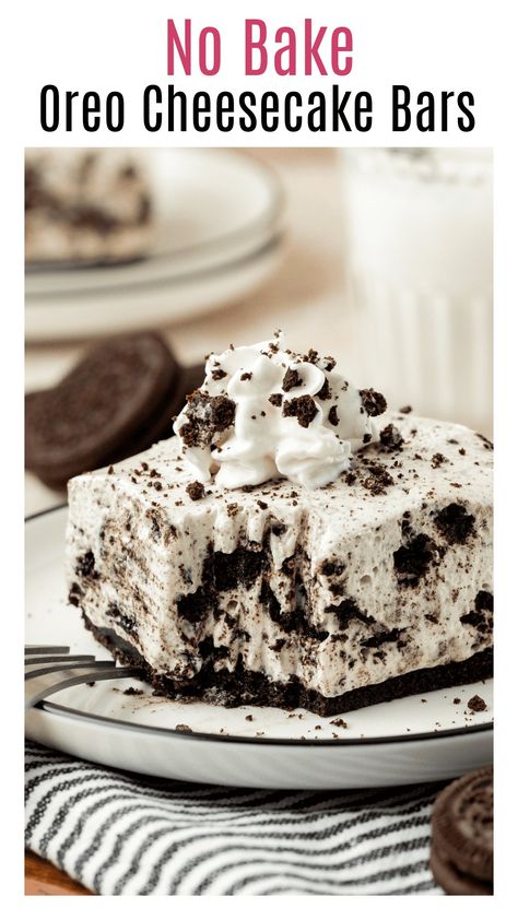 These easy no bake oreo cheesecake bars are the perfect summer treat! Made with an Oreo cookie crust, easy no bake cheesecake filling, and more Oreo cookies stirred in. No need to turn the oven for these bars! Oreo Cheesecake Bars No Bake, No Bake Cheesecake 9x13 Pan, No Bake Cheesecake Desserts, Oreo No Bake Cheesecake, Oreo Cheesecake No Bake, No Bake Oreo Cheesecake Recipe, No Bake Cheesecake Bars, Baked Oreo Cheesecake Recipe, Oreo Crust Cheesecake