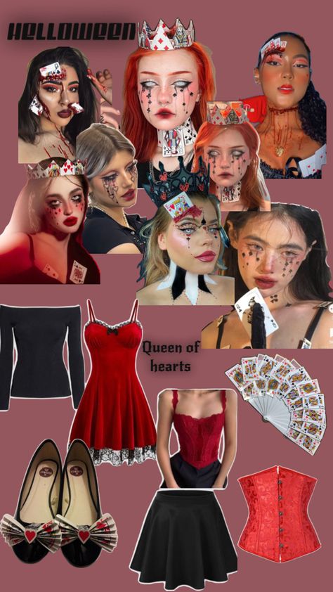 Queen of Hearts ♠️♥️♣️♦️ Queen Of Hearts Outfit Ideas Casual, Scary Queen Of Hearts Costume, Alice And Queen Of Hearts Costume, Halloween Costumes Queen Of Hearts, Halloween Queen Of Hearts, Queen Of Hearts Aesthetic, Queen Of Hearts Crown, Queen Of Hearts Halloween Costume, Queen Of Hearts Halloween