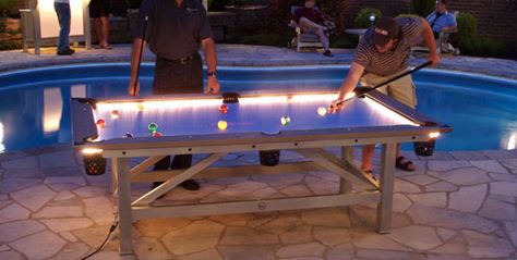 Outdoor Pool Table Features Built-In Lighting For Nighttime Play Best Pool Tables, Outdoor Pool Table, Contemporary Sofa Design, Residential Pool, Pool Tables, Play Pool, Lan Can, Backyard Games, Small Backyard Pools