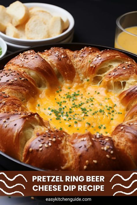 Pretzel Ring Beer Cheese Dip Recipe - Easy Kitchen Guide Pretzel Ring Beer Cheese Dip, Pretzel Beer Cheese Dip, Cheese Dip Recipes Easy, Beer Cheese Dip Recipe, Joanna Gaines Recipes, Pretzel Cheese, Cheese Dip Recipe, Pretzel Bun, Beer Cheese Dip