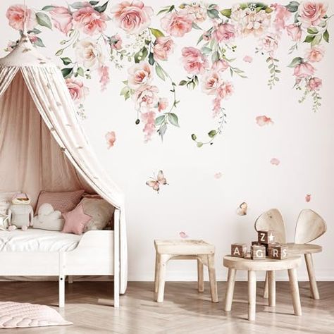 decalmile Large Pink Peony Flower Wall Stickers Rose Hanging Floral Vine Wall Decals Baby Nursery Girls Bedroom Living Room Wall Decor : Amazon.co.uk: Baby Products Wall Decor Amazon, Girls Bedroom Wallpaper, Pink Peony Flower, Girls Room Wallpaper, Girl Bedroom Walls, Pink Flowers Wallpaper, Vine Wall, Flower Wall Stickers