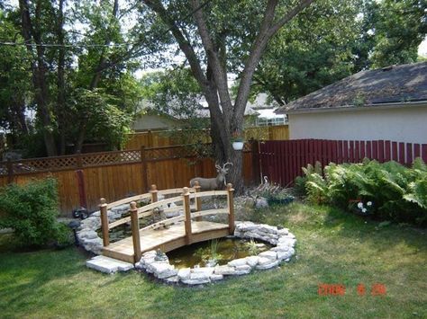 Ponds Ideas, Yard Pond, Backyard Bridges, Small Backyard Ponds, Pond Bridge, Landscape Waterfall, Retention Pond, Affordable Backyard Ideas, Kolam Koi