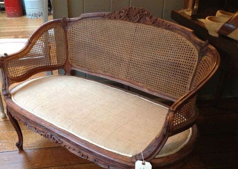 Eye For Design: Decorating With French Cane Settees Burlap Upholstery, French Provincial Decor, Country Style Dining Room, Vintage Shabby Chic Decor, Cane Sofa, Rustic Furniture Diy, Furniture Ads, Wedding Furniture, Cane Furniture