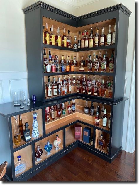 Corner Bourbon Cabinet, Corner Alcohol Cabinet, Corner Cabinet Bar Ideas, Corner Whiskey Cabinet, Man Cave Whiskey Room, Corner Bar Cabinets For Home, Diy Whiskey Bar, Diy Whiskey Cabinet, Whiskey Collection Display