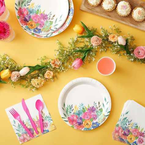 144-Piece Disposable Floral Paper Plates, Napkins, Cups, Cutlery for Tea Party, Girls Baby Shower, Bridal Shower, Wedding (Serves 24) Tea Party Supplies, Floral Paper Plates, Floral Party Decorations, Plastic Party Plates, Watercolor Flower Prints, Floral Paper, Floral Plates, Tea Party Garden, Floral Party