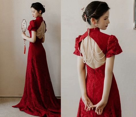 Looking for a traditional red dress for your tea ceremony? This beautiful modernised qipao/cheongsam is your idea choices. Features traditional mandarin collar with a modern twist of pearl decorated open back, front side split. Dress come with 2 styles : Floor length no train and Floor length with Train Custom made size is available too Please note : for custom size, there is no Return and Refund. Custom order processing time is about 2 weeks Please leave your measurements in Personalisation box : Shoulder width, Bust, Waist , Hip, Weight , Height and your heels height. Qipao Outfit, Cheongsam Wedding Dress, Chinese Wedding Tea Ceremony, Chinese Wedding Dress Traditional, Wedding Qipao, Red Qipao, Cheongsam Modern, Modern Qipao, Chinese Wedding Dress