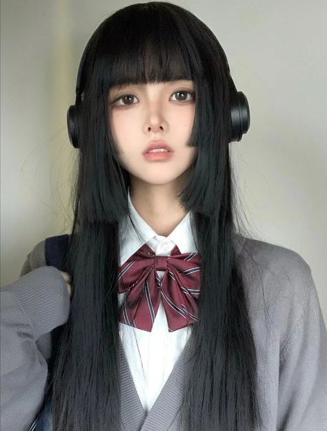 Japan Hairstyle Woman, Hime Haircut Long, Full Bangs Long Hair, Pretty Hair Cuts, Japanese Haircut, 일본 패션, Smink Inspiration, Japanese Hairstyle, Long Hair With Bangs