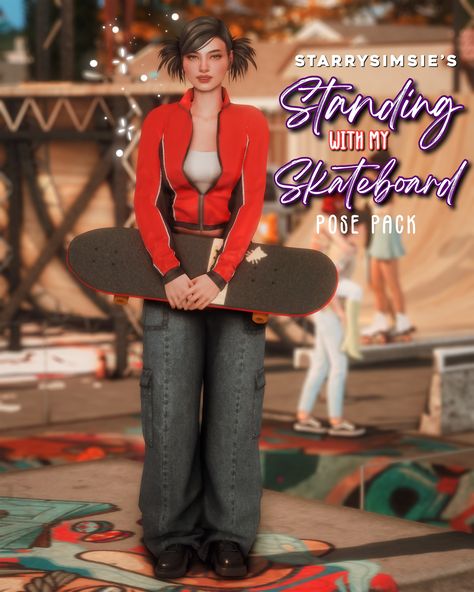 ✨Standing with my Skateboard - Posepack✨ | Patreon Skater Tattoos, Mini Skateboard, Skateboard Aesthetic, Standing Pose, Skateboard Accessories, Purple Tee, Standing Poses, Sims 4 Custom Content, Sims 4 Mods