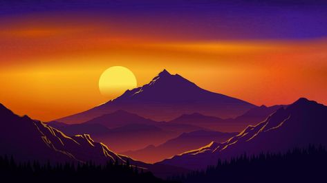 Sunset Behind Mountains, Mountain Vector Illustration, Mountain Sunset Landscapes, Sunrise Background, Vector Mountain, Rain Gif, Landscape Silhouette, Tunnel Book, Huawei Wallpapers