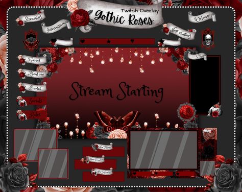 Goth Twitch overlay package with animated screens, panels, alerts, stream decorations,... and more. Whether you are a professional streamer, or beginner, this stream package will make your channel instantly stand out above others. These stream overlays is compatible with any streaming platform, using any streamer application, like streamlab obs, obs studio, and such. Halloween Twitch overlay. Gothic red roses. ❤️ GET YOUR ACCESSORY PANELS ❤️ https://www.etsy.com/listing/1775285322 ❤️ GET YOUR CU Halloween Streamers Decorations, Halloween Streamers, Overlay Ideas, Streamer Decorations, Camera Frame, Gothic Rose, Stream Overlay, Tip Jars, Twitch Overlay