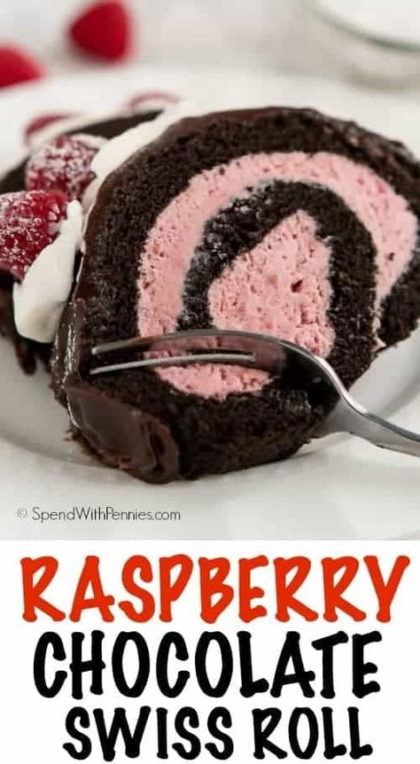 Valentines Dessert, Chocolate Swiss Roll, Weight Watcher Desserts, Valentines Recipes Desserts, Roll Cakes, Baked Breads, Cake Roll Recipes, Raspberry Buttercream, Chocolate Raspberry Cake