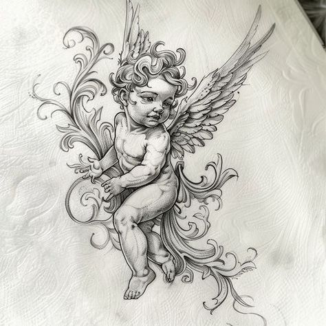 Radiant Cherub Tattoo Art Set Angel With Tattoos Tattoo, Cherub Art Tattoo, Cherub Tattoos, Stairs To Heaven Tattoo, Cupid Drawing, Cherub Tattoo Designs, Signature Tattoo, Cherub Design, Cute Thigh Tattoos