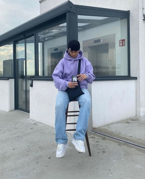 Blue Hoodie Outfit, Light Purple Hoodie, Fashion Aesthetic Outfits, Hoodie Outfit Men, Spiritual Fashion, Trendy Boy Outfits, Instagram Jewelry, Purple Hoodie, Street Style Outfits Men