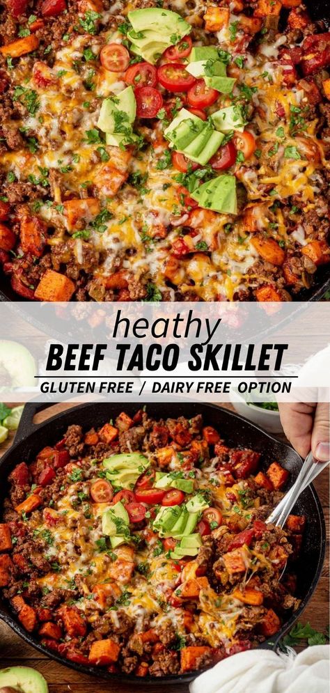 Use one pan to make this healthy taco skillet featuring ground beef, tender sweet potatoes and all the best taco topping. A healthy meal made in one pan will always have my heart. We love this simple dinner because it's packed with protein and veggies. Research shows exercise is more effective for weight management when paired with high-protein foods, like beef. We're even sharing a simple way to make this whole30, paleo and dairy free. #OhioBeef #Partner @ohiobeefcouncil Beef Taco Skillet, Protein Dinner Recipes, Taco Skillet, Healthy Taco, Sweet Potato Tacos, High Protein Dinner, Healthy Ground Beef, Ground Beef Recipes Healthy, Protein Dinner