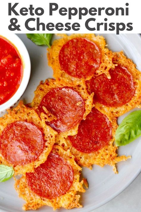 These Pepperoni and Cheese Crisps have got to be the easiest Gluten Free and Keto snack of all time! You just need three ingredients and less than five minutes to make them at home, and you can cook them in a skillet, oven, or microwave, whatever you prefer! #cookathomemom #ketorecipes #snacks Pepperoni Bites, Fresh Mozzarella Recipe, Sugar Free Tomato Sauce, Pepperoni And Cheese, Pepperoni Recipes, Mozzarella Recipes, Parmesan Crisps, Cheese Crisps, Keto Cheese