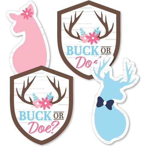 Buck or Doe DIY party essentials kit includes 20 badge, buck and doe cutouts - perfect for bringing your DIY hunting gender reveal ideas to life. DIY party supplies: Buck or Doe essentials include 20 cutouts in 3 different badge, stag shapes to match your gender reveal theme. Set of 20 badge, buck and doe shapes. Sizes Shape 1 - 10 - 5.5 x 7 inches, Shape 2 - 5 - 3.75 x 7 inches, Shape 3 - 5 - 4.25 x 7.75 inches. The unique design and size make these party decorations a striking addition to any hunting gender reveal party. Badge, Buck and Doe Party Decorations: Buck or Doe DIY party essentials are printed on both sides, making them perfect for centerpieces or hanging decorations. Just punch holes and string together to hang as a hunting gender reveal banner or individually as ceiling decor Buck Or Doe Gender Reveal Party Ideas, Hunting Gender Reveal, Diy Hunting, Gender Reveal Banner, Gender Reveal Unique, Hunting Diy, Gender Reveal Themes, Buck And Doe, Balloon Display