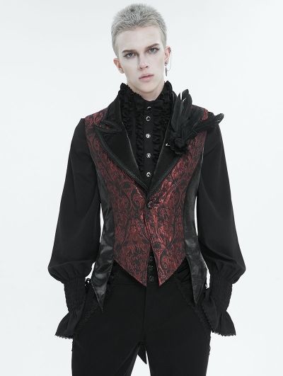 Wine Red Gothic Retro Feather Party Swallowtail Waistcoat for Men Alt Mens Wedding Attire, 18th Century Gothic Fashion, Alt Wedding Suit, Jewel Toned Clothes, Black And Red Clothing, Romantic Goth Fashion Men, Dark Clothes Men, Emo Prom Suit, Vampire Clothes Men