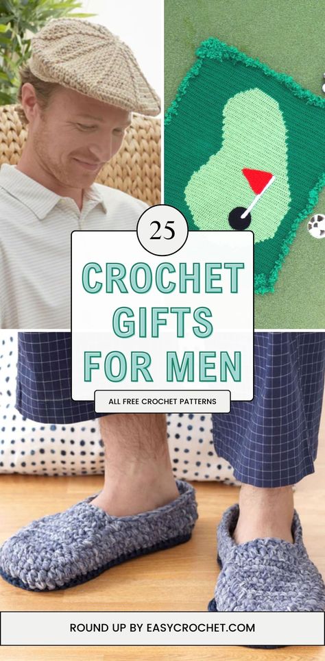 Take a look at 25 of the best free crochet patterns for men's gifts! All of them make great Father's Day gifts as well!  Roundup by Easycrochet.com Crochet Present For Men, Crochet Patterns Gifts For Men, Crochet Ideas For Grandparents, Mens Crochet Gift Ideas, Fathers Day Crochet Patterns, Crochet Patterns For Mens Gifts, Crochet Ideas For Father’s Day, Crochet Men Gifts Ideas, Crochet Gifts For Father's Day