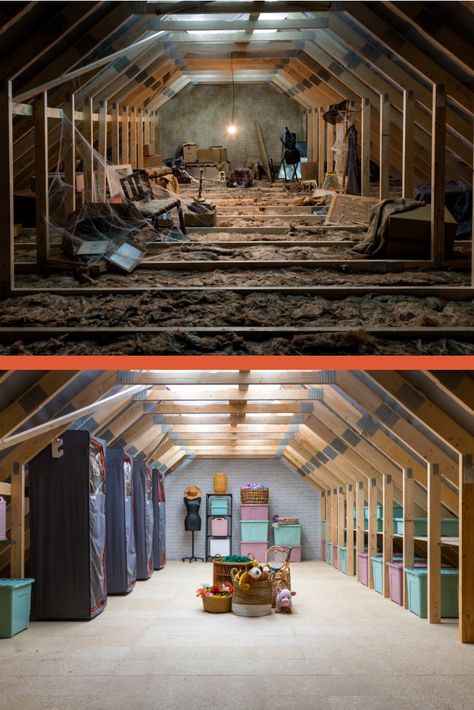 Small Attic Room, Attic Organization, Garage Attic, Loft Storage, Small Attic, Attic Renovation, Attic Storage, Exterior Wall Design, Attic Spaces